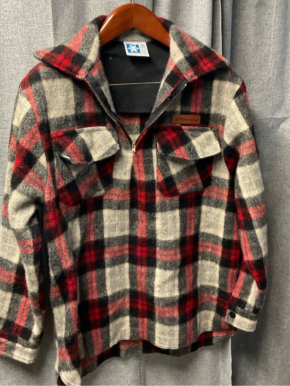 Norsewear Red Black Cream Plaid pure wool 1/4 Zip Pullover Jacket New Zealand
